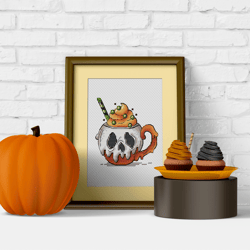 Halloween Mug, Skull Cup Cross Stitch PDF Pattern, Spooky Season Cup, Halloween Decor, Halloween Tumbler Cross Stitch, H