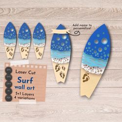 3D Layered Surf, sea waves bundle, flip flop zone Laser Cut