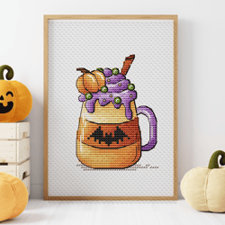 Witch Mug, Pumpkin Coffee Cup, Halloween Cross Stitch Pattern PDF, Funky Cross Stitch, Scary Cross Stitch, Instant Downl