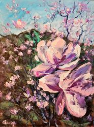 Magnolia Flowers Trees Mountains Original Art Oil Painting impasto Artist Svinar Oksana