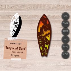 3D Layered SVG, Surf wall art, Tropical Laser Cut File svg