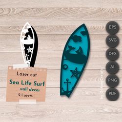 3D Layered SVG, Surf wall art, Whale Laser Cut File, marine