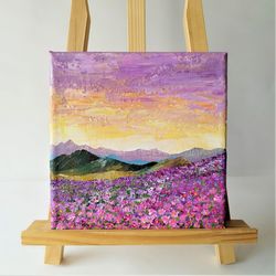 Lavender field miniature painting on a small canvas