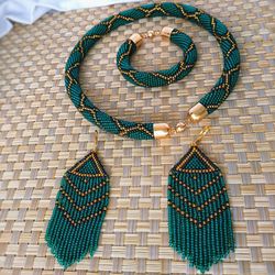 Snake jewelry, Long beaded earrings with fringes, green earrings, snake necklace