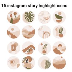 16 boho instagram story highlight covers.  Natural brown and green social media icons. Digital download