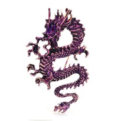 Chinese dragon brooch, Eastern enamel jewelry pin. Purple, blue,  red or gold