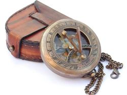 Beautiful Brass Antique Sundial Compass | Come with Leather Case | Push Open Compass with Chain | Antique Brass Finish