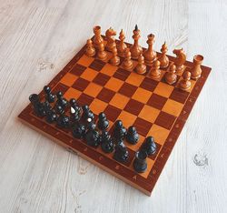 Soviet small chess set 1960s vintage - wooden chess game made in USSR