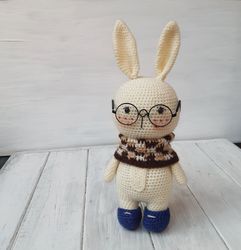 Hand Crochet Bunny With Glasses Stuffed Toys Plush Toys Animals Knit Gift Handmade