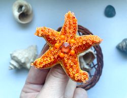 Starfish brooch , beaded starfish brooch, see jewelry, orange brooch