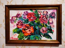 Roses Flowers Oil Painting Impasto Original Framed Artist Svinar Oksana