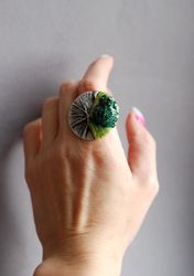 Porcelain Ring Miniature Frog Figurine Amazing Frog Prince on a Leaf Fairy Decor Ceramic Jewelry