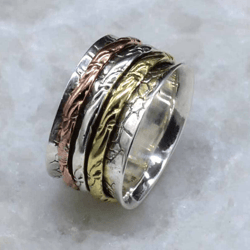 Chunky Fidget Spinner Anxiety Ring For Women, Brass Cooper & 925 Sterling Silver Handmade Unique Jewelry, Gift For Her