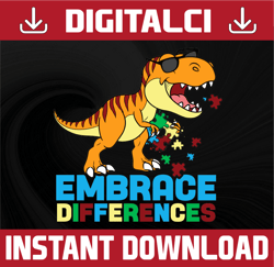 Embrace Differences, Autism Dinosaur SVG | Autism Awareness SVG | Cute Cool Puzzle Dino SVG | Cricut Cutting File Printa