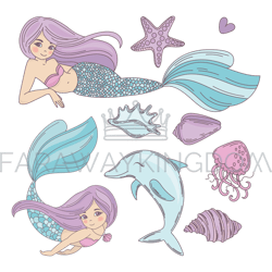 MERMAID OCEAN Cartoon Travel Tropical Vector Illustration Set