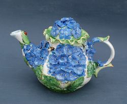 Flower teapot Blue hydrangea Embossed decor Botanical ceramics Plant prints teapot Beautiful green blue teapot Handmade