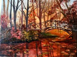Beautiful bridge .Original art.Oil painting.