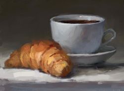 Coffee and croissant oil painting - custom order