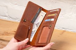 Long Leather Wallet, Slim Leather Wallet for Women, Leather Long Purse - Red, Beige, Light Pink, Black, Brown, with Butt