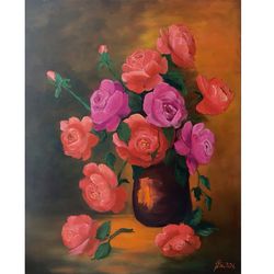 Red Roses Painting Original Artwork Floral Oil Painting On Canvas Style Life Artwork Bright Flowers Painting 20 x16 inch