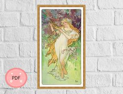 Cross Stitch Pattern,Spring By Alphonse Mucha,Instant Download,Full Coverage,Famous Painting,Art Nouveau,Four Seasons