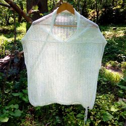 White knitted linen tank top with short sleeves and V-neck. Eco linen blouse for women. White summer clothing. Handmade.