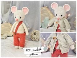 crochet amigurumi mouse pattern and knitted toy jacket pattern.