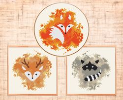 Set of 3 Woodland animals cross stitch pattern, Baby cross stitch PDF Nursery cross stitch Deer, Fox, Raccoon