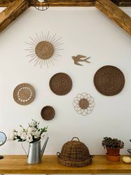 Set of 7  wall  wicker baskets. Doily wall hanging. Boho wall decor. Wall Hanging Wicker Plates