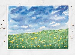 Flower field painting Cloudy sky painting Summer Landscape painting Painted postcard Original watercolor painting 5x7