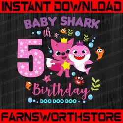 Shark 5th Birthday Svg, Girl Birthday Shark Svg Dxf Eps, Girl Fifth Birthday Clipart, Five Year Old,Baby,Shark