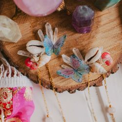 Butterfly Mermaid Clips - Bohemian festival hair accessory with shells, quartz crystals, and chains, hippie jewerly