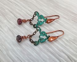 Boho Shabby chic Vintage style solid and natural copper earrings Textured patinated with a garnet bead and chain