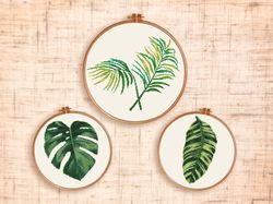 Set of three Plants cross stitch pattern PDF Modern cross stitch Monstera leaf cross stitch