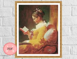 Cross Stitch Pattern ,Young Girl Reading , Instant Download , Famous Painting,Full Coverage,Girl With Book,Book Lover