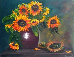 Yellow sunflowers painting still life with flowers painting 27*35 inches yellow sunflowers in a vase art flower oil pain
