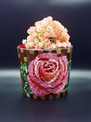 Stained Glass Mosaic Flowerpot, Stained Glass Rose Flower, Stained Glass Vase, Rose Flower Mosaic Vase, Garden Decor