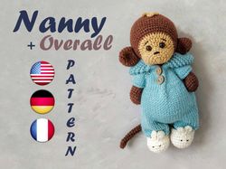 Monkey Crochet Pattern Amigurumi with Outfit - knit overalls and crochet slippers - Monkey Nanny in Pajamas