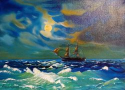Nautical Oil Painting Ship at Sea Picture Seascape 14*19 inch Sea Waves Art