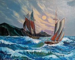 Seascape Sea Waves Art 15*19 inch Nautical oil painting Ship at sea painting
