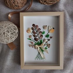 Bouquet of flowers from shells and sea glass and pebbles in a frame. Shell art. Sea glass Art. Pebble Art. Beach decor.