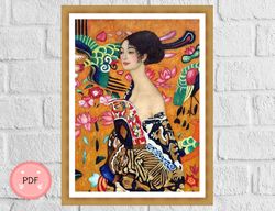 Cross Stitch Pattern,Lady With A Fan,Gustav Klimt,Pdf,Instant Download,Symbolism X Stitch Chart,Full Coverage