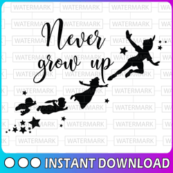 Never grow up, Peter Pan Movie Disney svg, Disney Mickey and Minnie svg,Quotes files, svg file, Disney png file, Cricut,