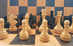 Old wooden Soviet big (11.5 cm king) chess pieces set Oredezh, 1960s vintage Russian chessmen USSR