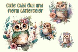 Cute Chibi Owl and Floral Watercolor
