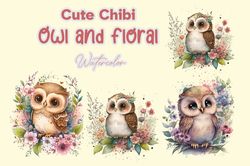 Cute Chibi Owl and Floral Watercolor
