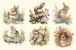 06 Files Of Rabit Watercolor Floral Rabbits PNG Clipart Design Bundle