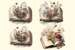 04 Files Of Vintage Floral Book PNG Classic Book Watercolor Design Bundle