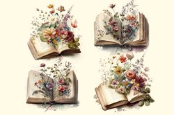 04 Files Of Floral Vintage Book PNG Book Lover Watercolor Bundle Files