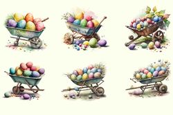 06 Files Of Easter Wheelbarrows PNG Easter Eggs Watercolor Design Bundle